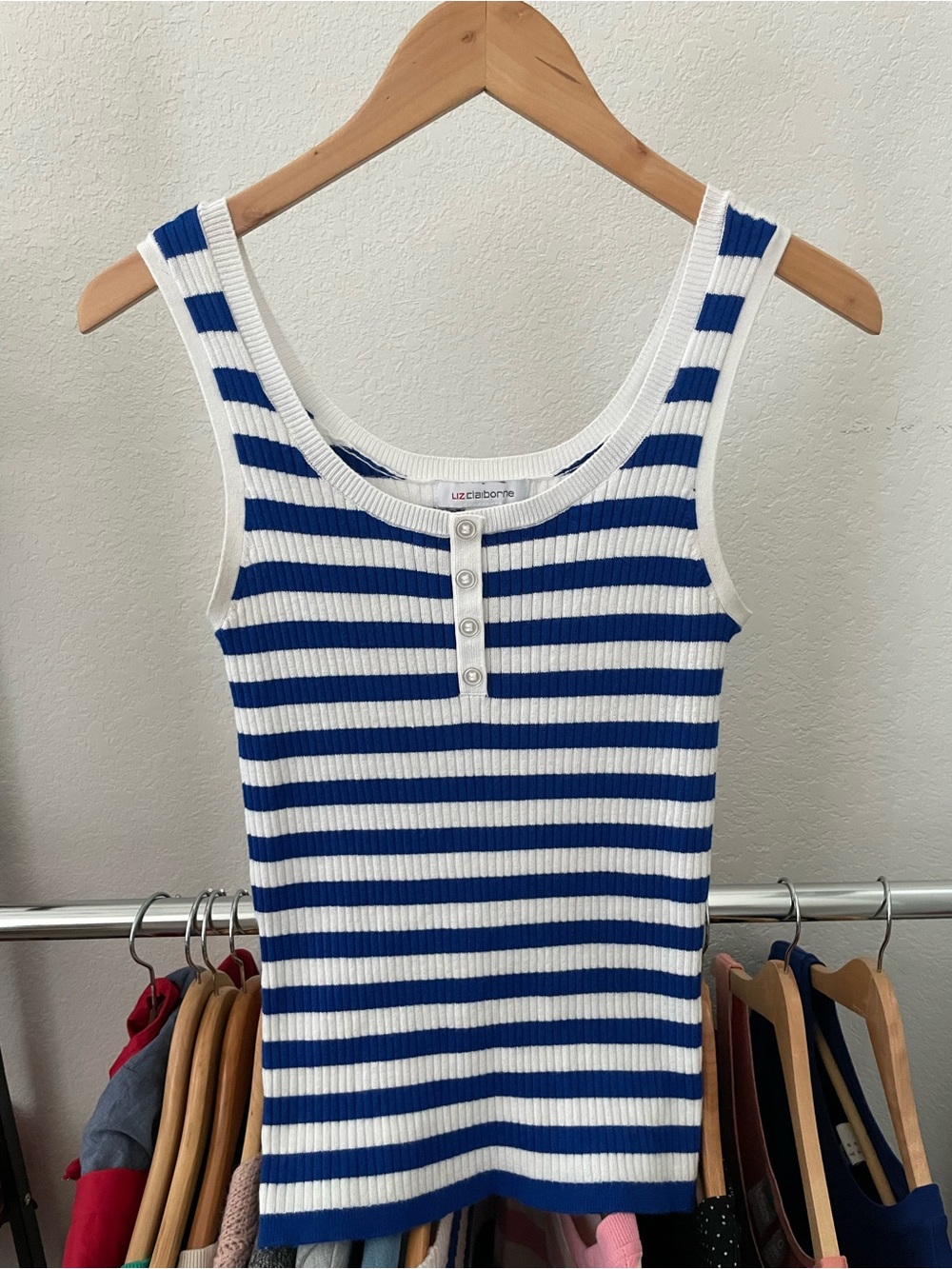 Liz Claiborne Blue and White Striped Ribbed Tank One-Piece